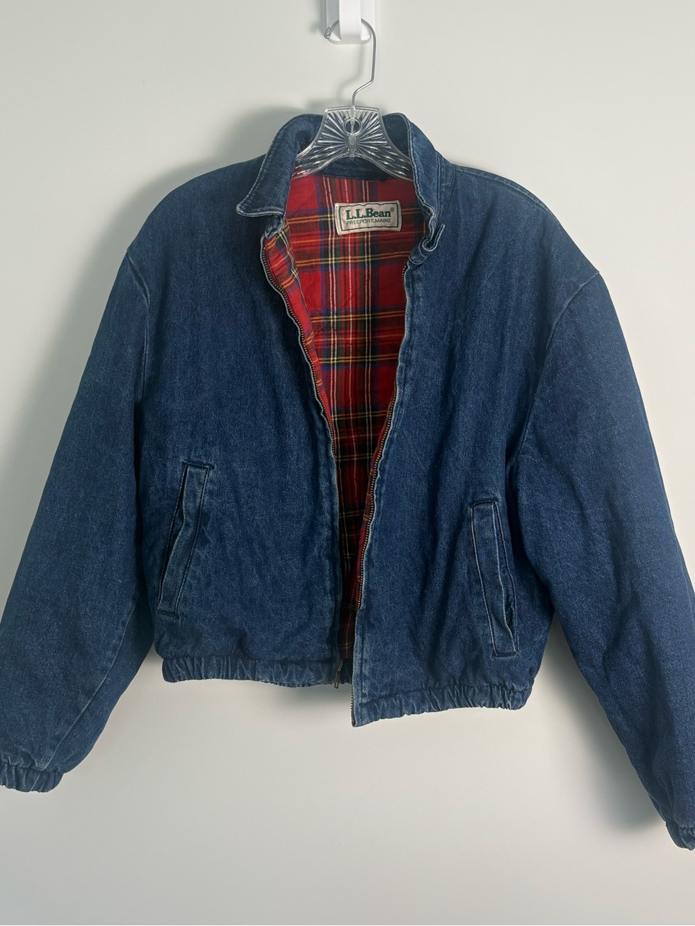 Vintage L.L. Bean Jean Denim Bomber Jacket Cotton Red Flannel Lining Size Small